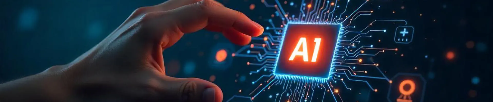 A hand interacting with a button labelled AI surrounded by abstract icons of applications