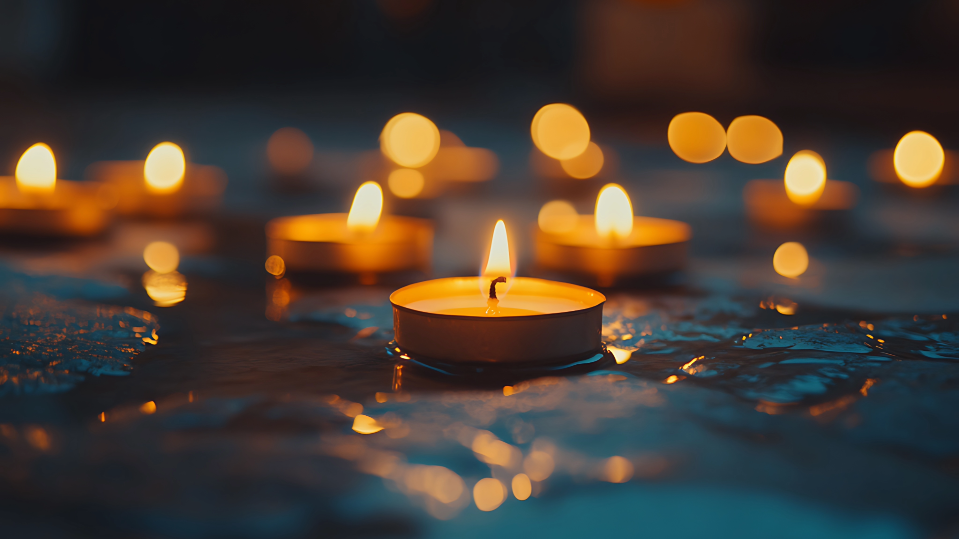 Lit tea light candles against a dark background