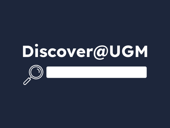 The words discover at UGM with a search box and magnifying glass icon against a dark blue background.