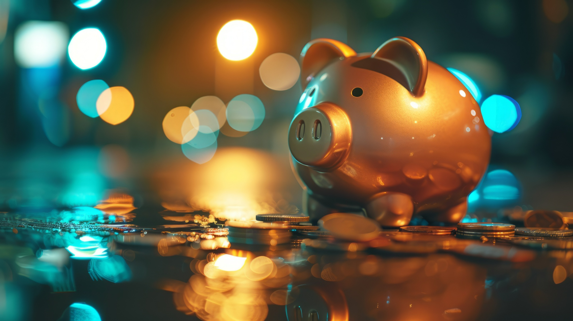 A piggy bank with money and coins against a bright background.