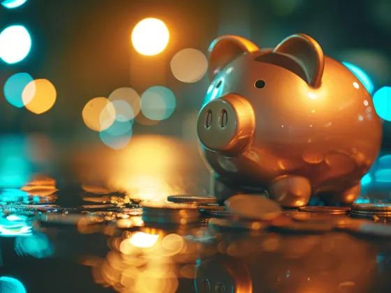 A piggy bank with money and coins against a bright background.