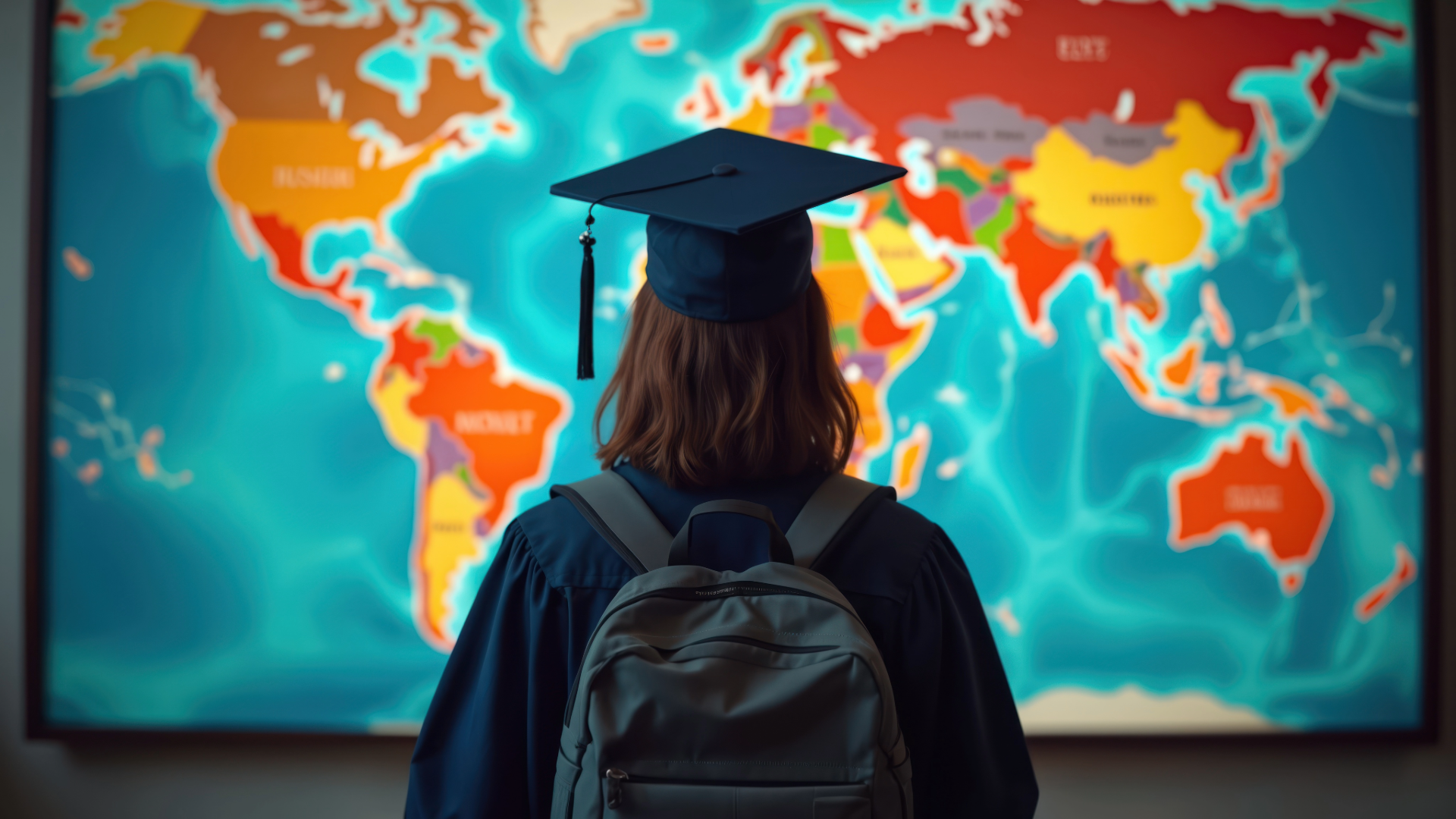 An international student looking at a colourful map of the world.