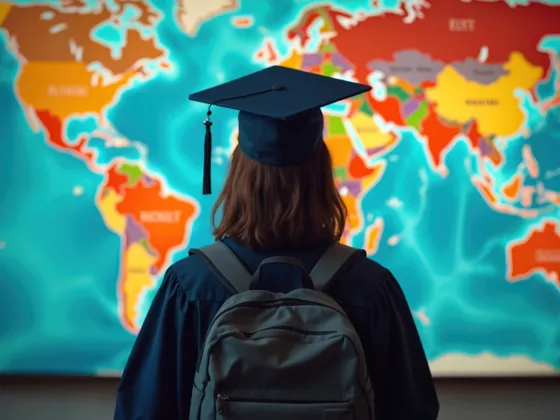 An international student looking at a colourful map of the world.