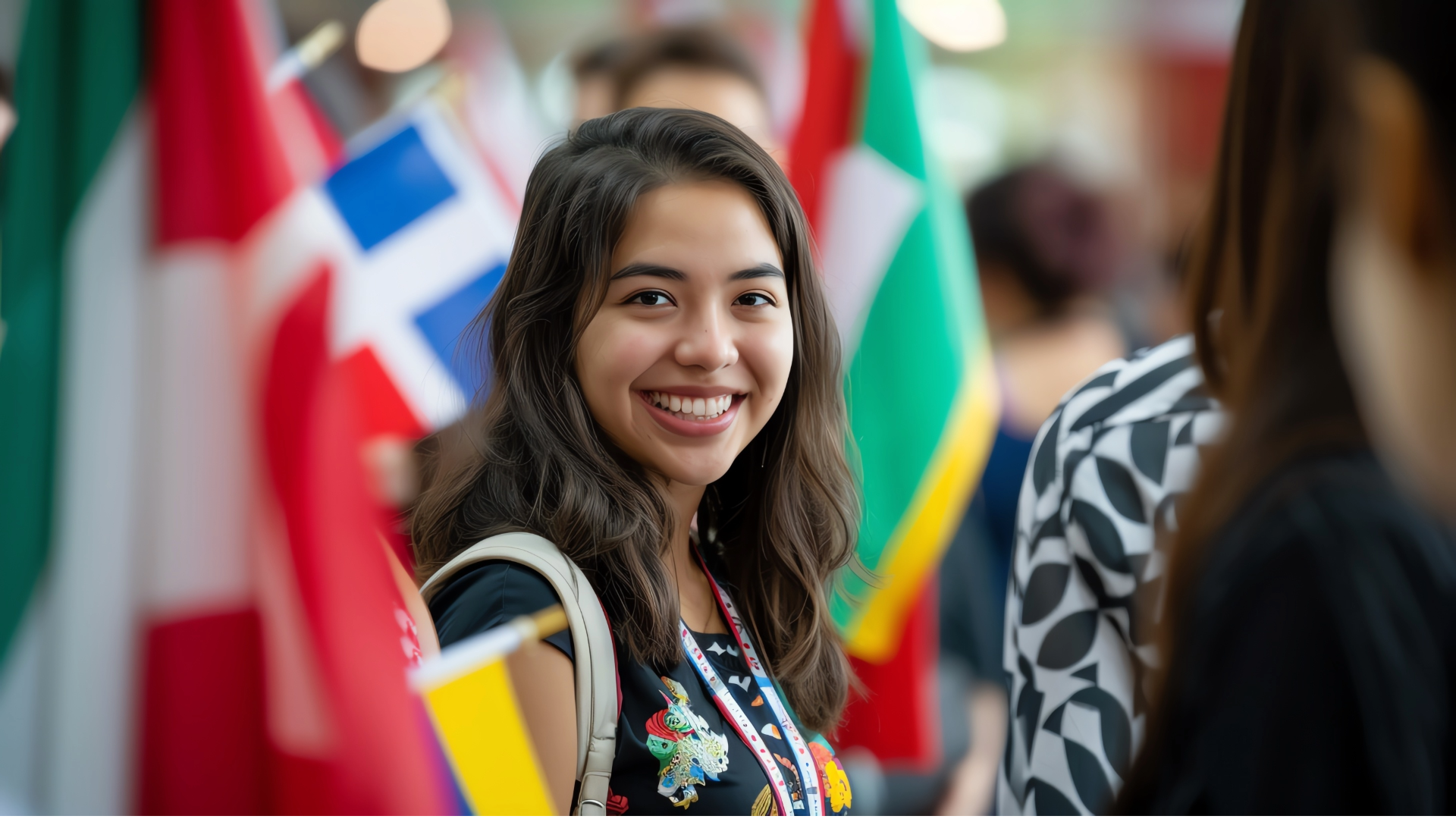 Female international student framed with world flags.