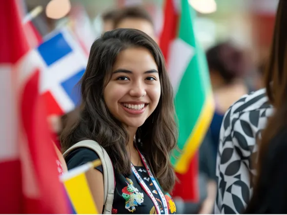Female international student framed with world flags.