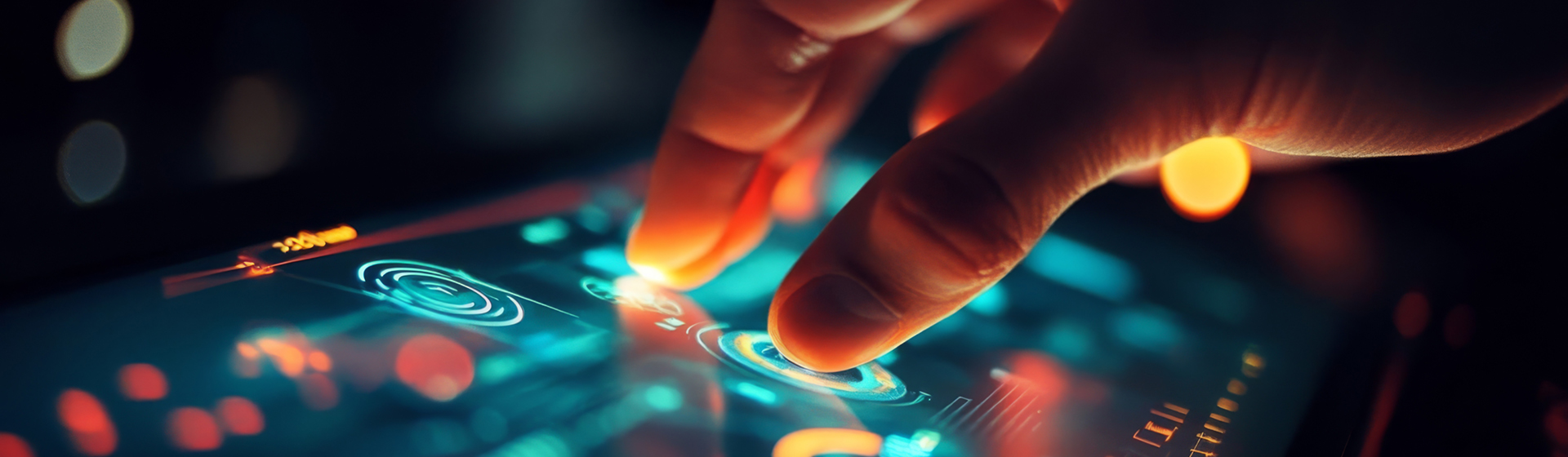 Futuristic computer interface with hand touching screen.