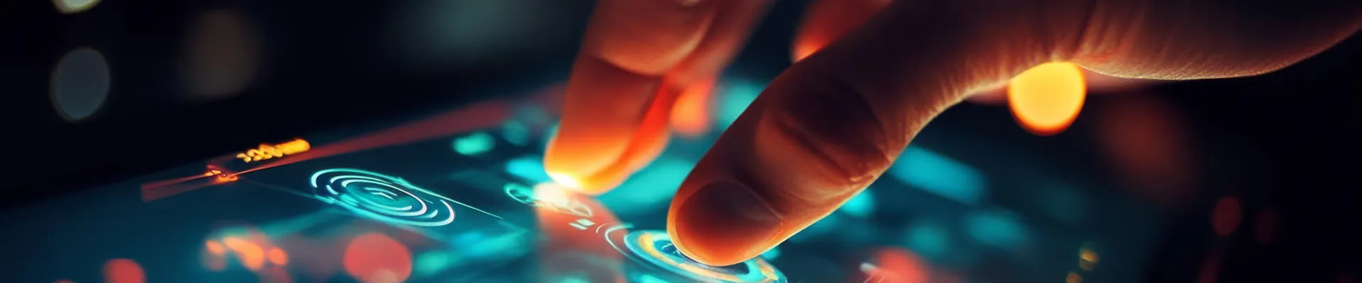 Futuristic computer interface with hand touching screen.