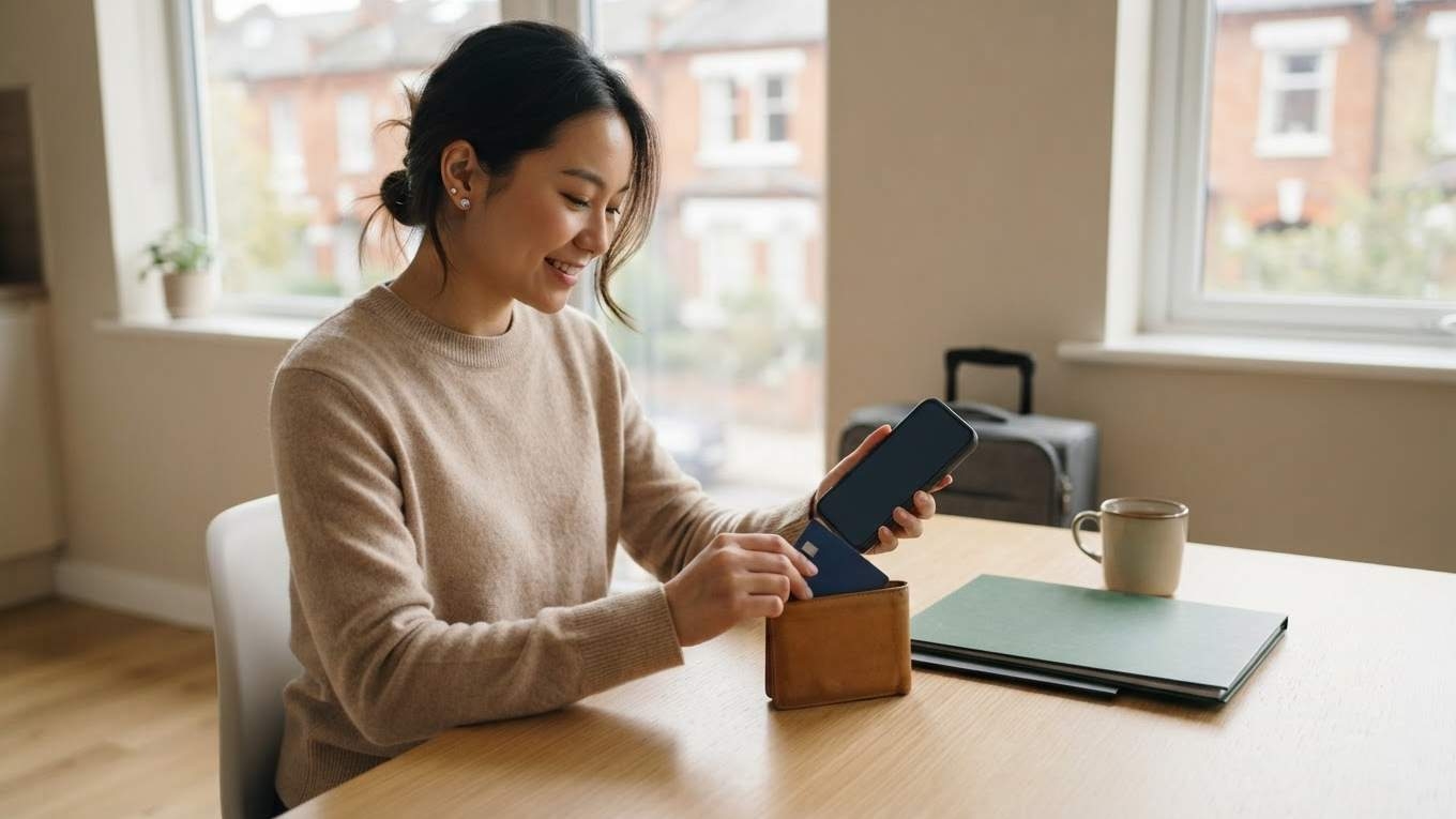 An international student accessing digital banking on their mobile phone.