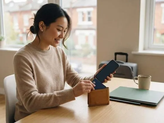 An international student accessing digital banking on their mobile phone.
