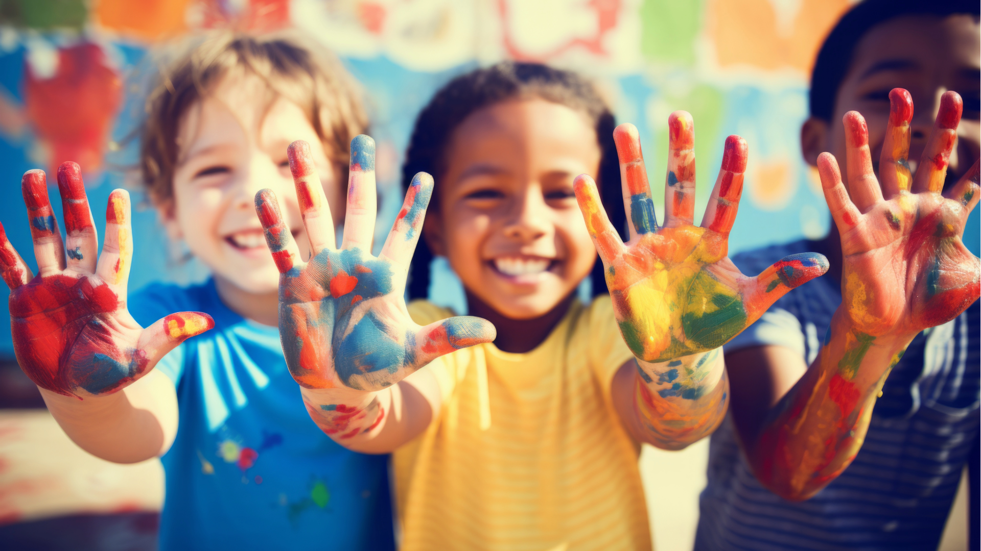 Happy children with painted hands.