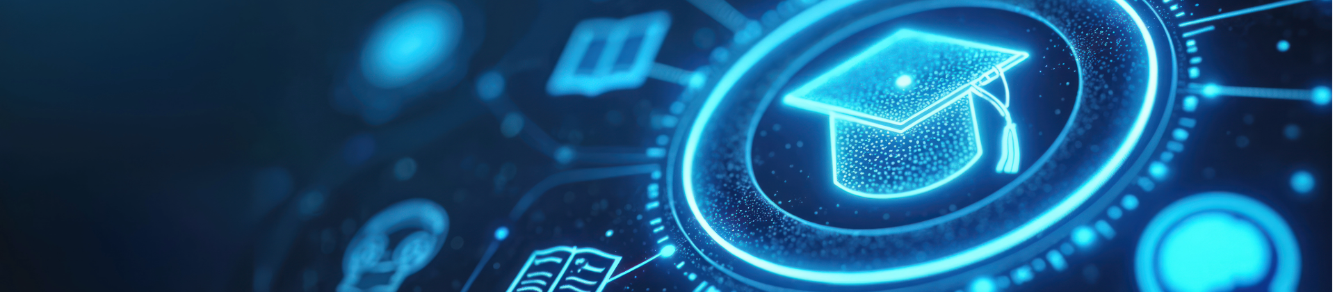 abstract image of a glowing student cap surrounded by icons depicting online learning