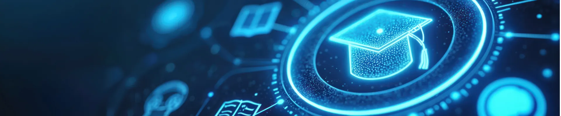 abstract image of a glowing student cap surrounded by icons depicting online learning