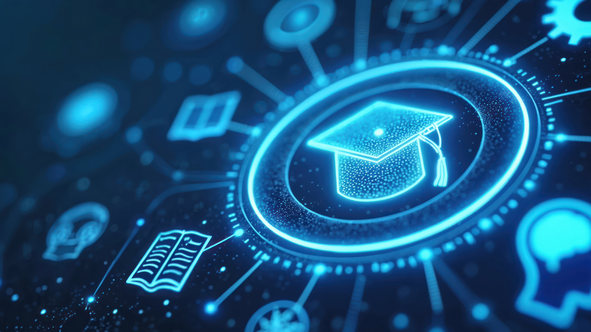 Abstract glowing student cap surrounded by icons representing elearning.