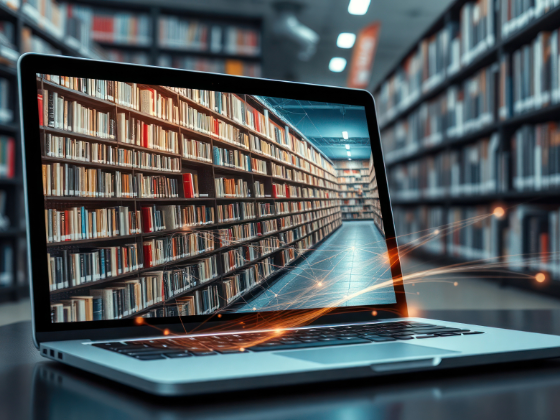 A modern laptop with an image of books on the screen.