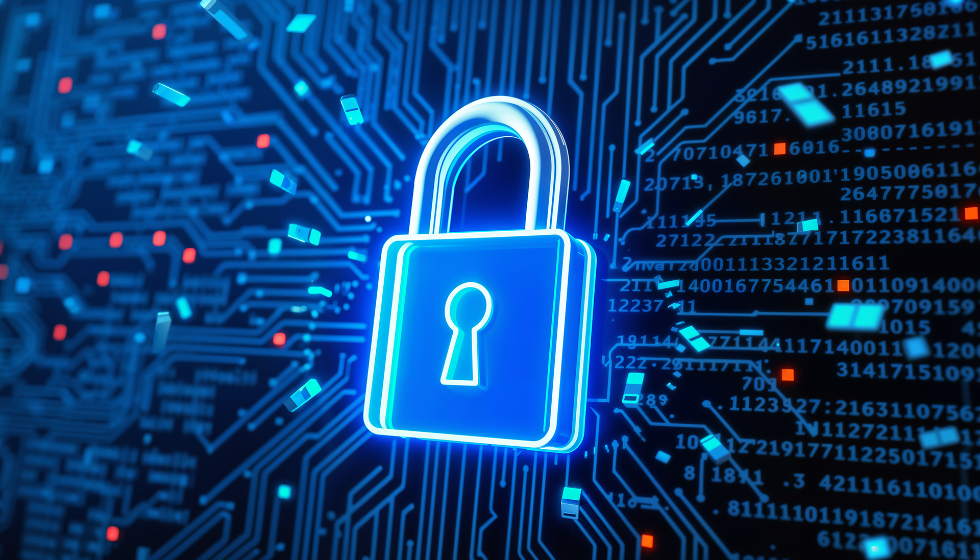 Glowing padlock against a background of futuristic circuitry.