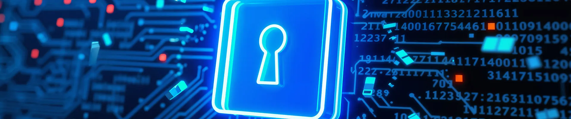 Glowing padlock against a background of futuristic circuitry.