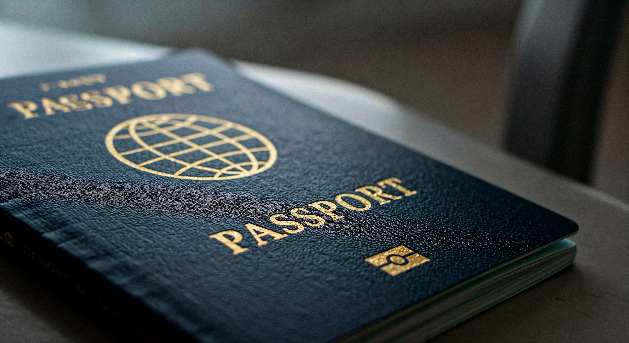 A front cover of a blue passport resting on a desk.