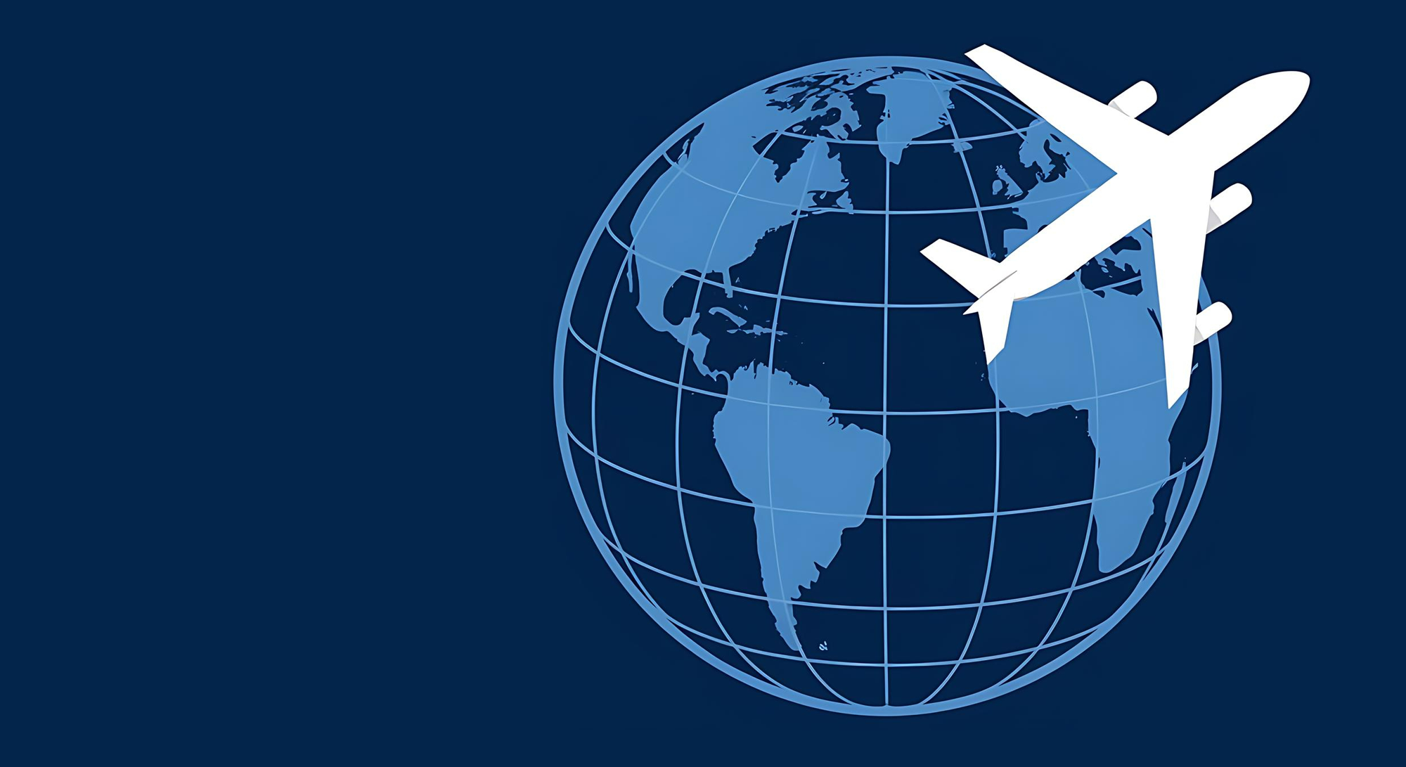 Wire frame icon of a globe with silhouette of a jet plane.