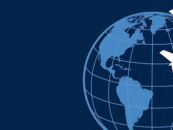 Wire frame icon of a globe with silhouette of a jet plane.