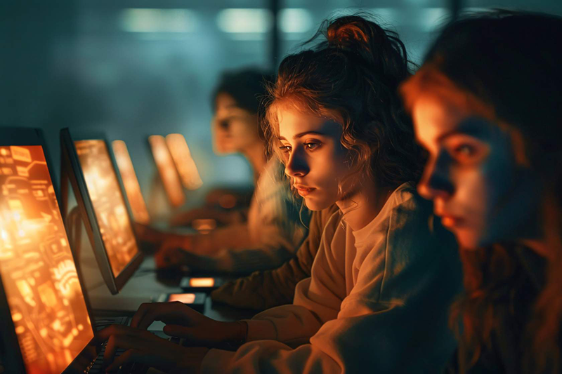 A group of individuals sat in front of glowing laptop screens in a public space.