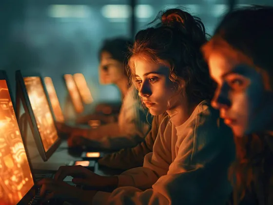 A group of individuals sat in front of glowing laptop screens in a public space.