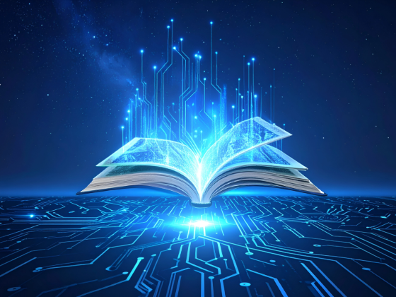 A futuristic open book floating above a stylised circuitry
