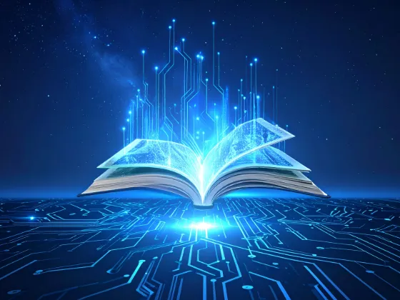 A futuristic open book floating above a stylised circuitry